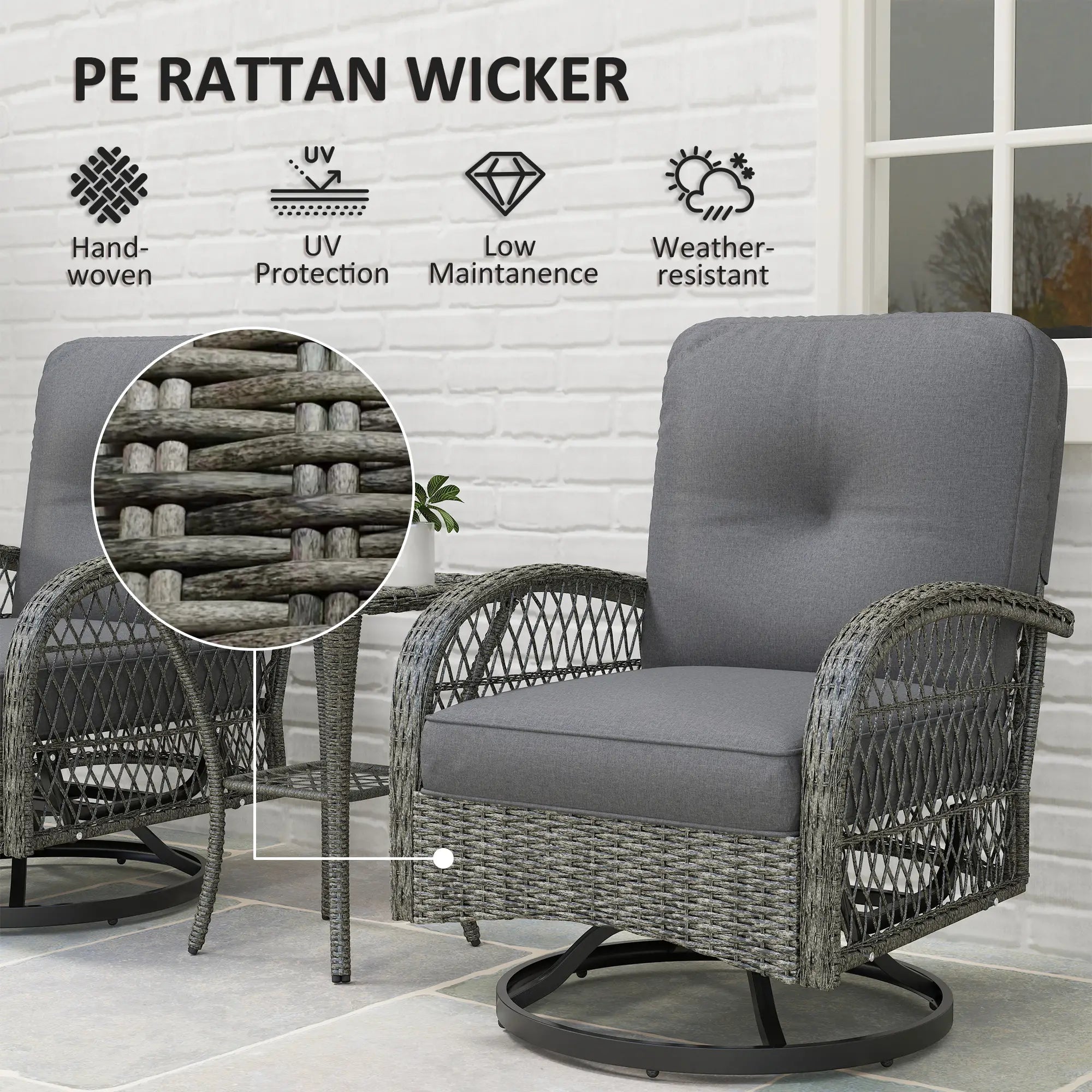 Wicker Balcony Furniture, 3 Piece Patio Set, 2 Swivel Rocking Chairs, 2-Tier Glass Coffee Table, Grey Bistro Sets at Gallery Canada