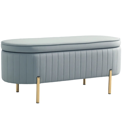 Upholstered Channel Tufted Ottoman Bench, Thick Padding, Metal Legs, Grey Storage Ottomans & Benches at Gallery Canada