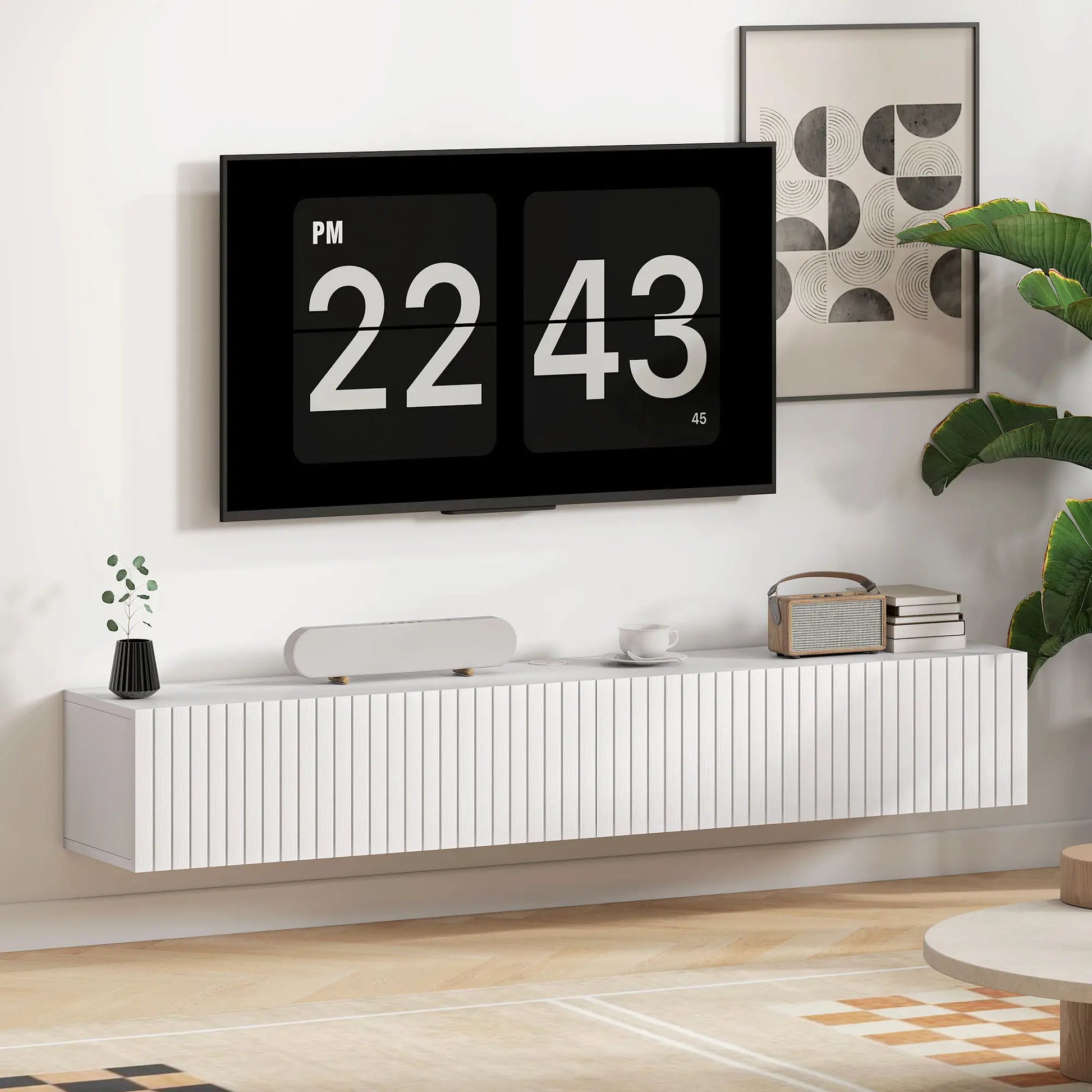 55 Inch Floating TV Stand, Wall Mount Media Console, 2 Fluted Doors, White TV Stands at Gallery Canada