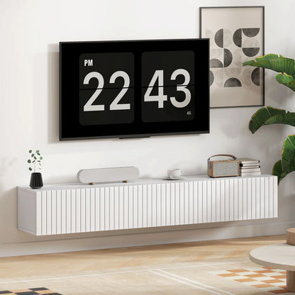 55 Inch Floating TV Stand, Wall Mount Media Console, 2 Fluted Doors, White TV Stands at Gallery Canada