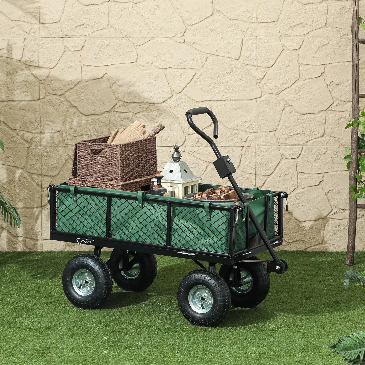 Steel Garden Cart, Removable Liner, Quick-Release Sides, 10" Wheels, 660lbs, Green