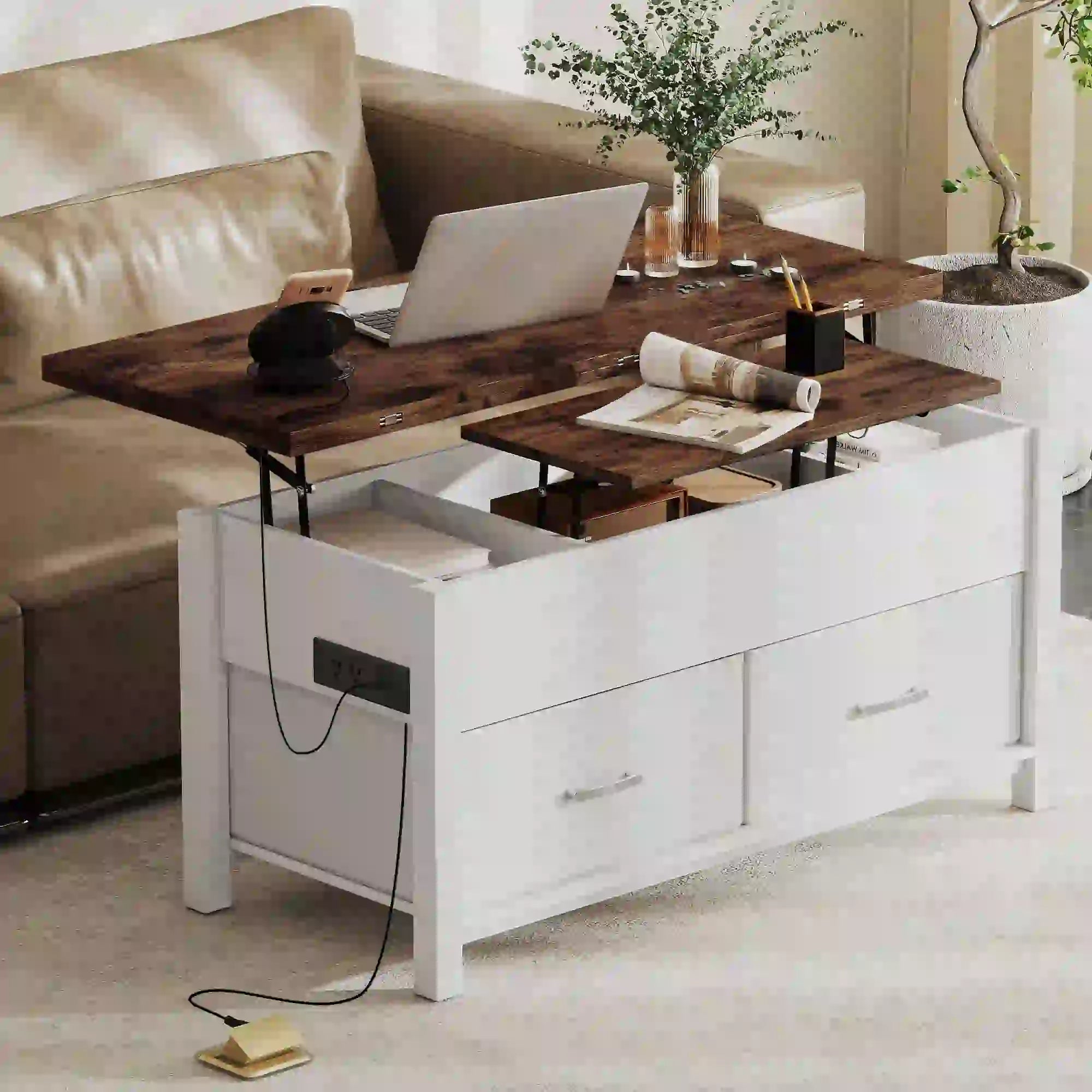 Lift Top Coffee Table, 3 Hidden Compartments, 2 Fabric Drawers Coffee Tables at Gallery Canada