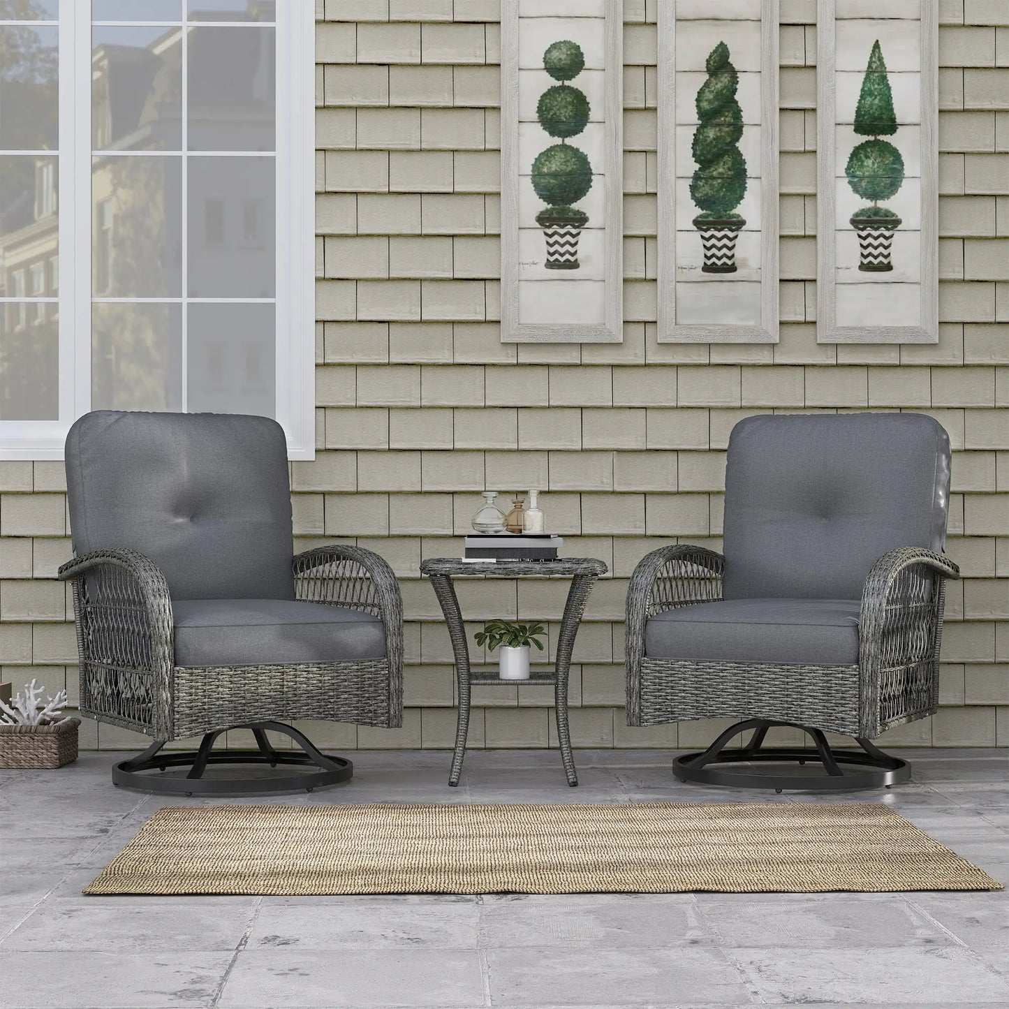 Wicker Balcony Furniture, 3 Piece Patio Set, 2 Swivel Rocking Chairs, 2-Tier Glass Coffee Table, Grey Bistro Sets at Gallery Canada