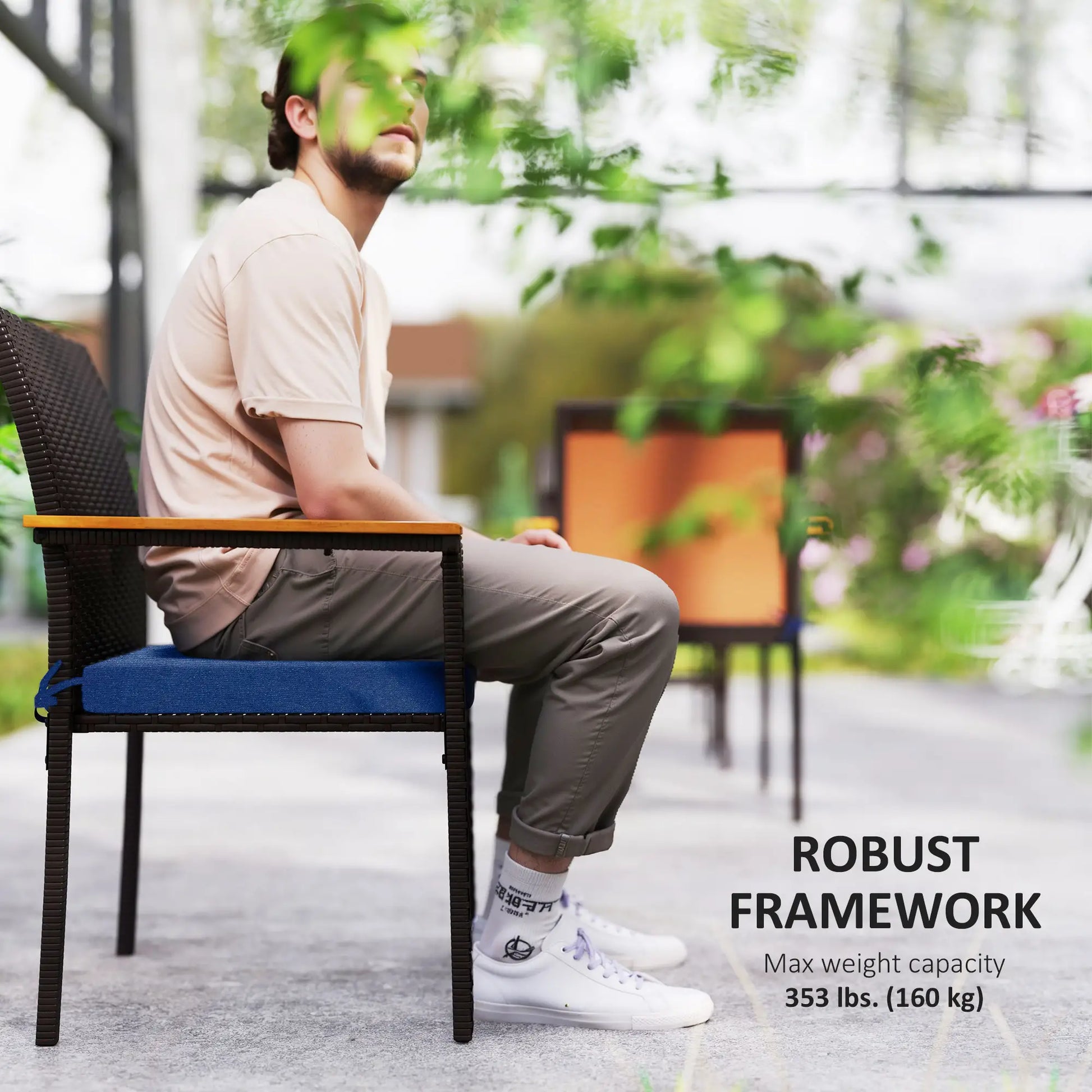 Stackable Wicker Patio Chairs, Set of 2, Removable Cushion, Armrest, Navy Blue Patio Chairs at Gallery Canada