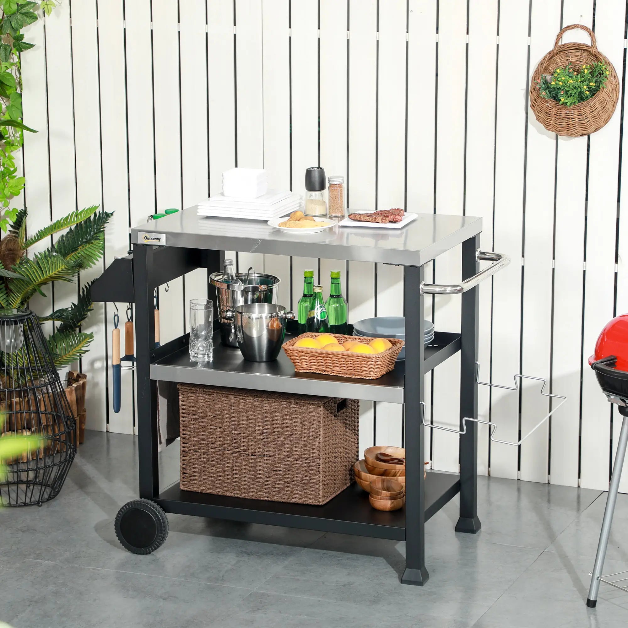3-Shelf Outdoor Grill Cart, Stainless Steel Pizza Oven Stand On Wheels, Black Outdoor Grill Carts at Gallery Canada