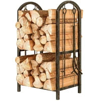 Support à bois de chauffage à 2 niveaux avec 4 outils, capacité de 220 livres, brun café