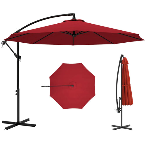 9.7ft Offset Patio Umbrella, Crank Handle, 8 Ribs, Cross Base, Wine Red