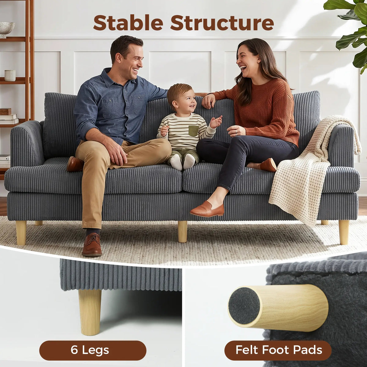 3 Seater Sofa, 74" Corduroy Couch, Solid Wood Legs, Dark Grey 3-Seater Sofas at Gallery Canada