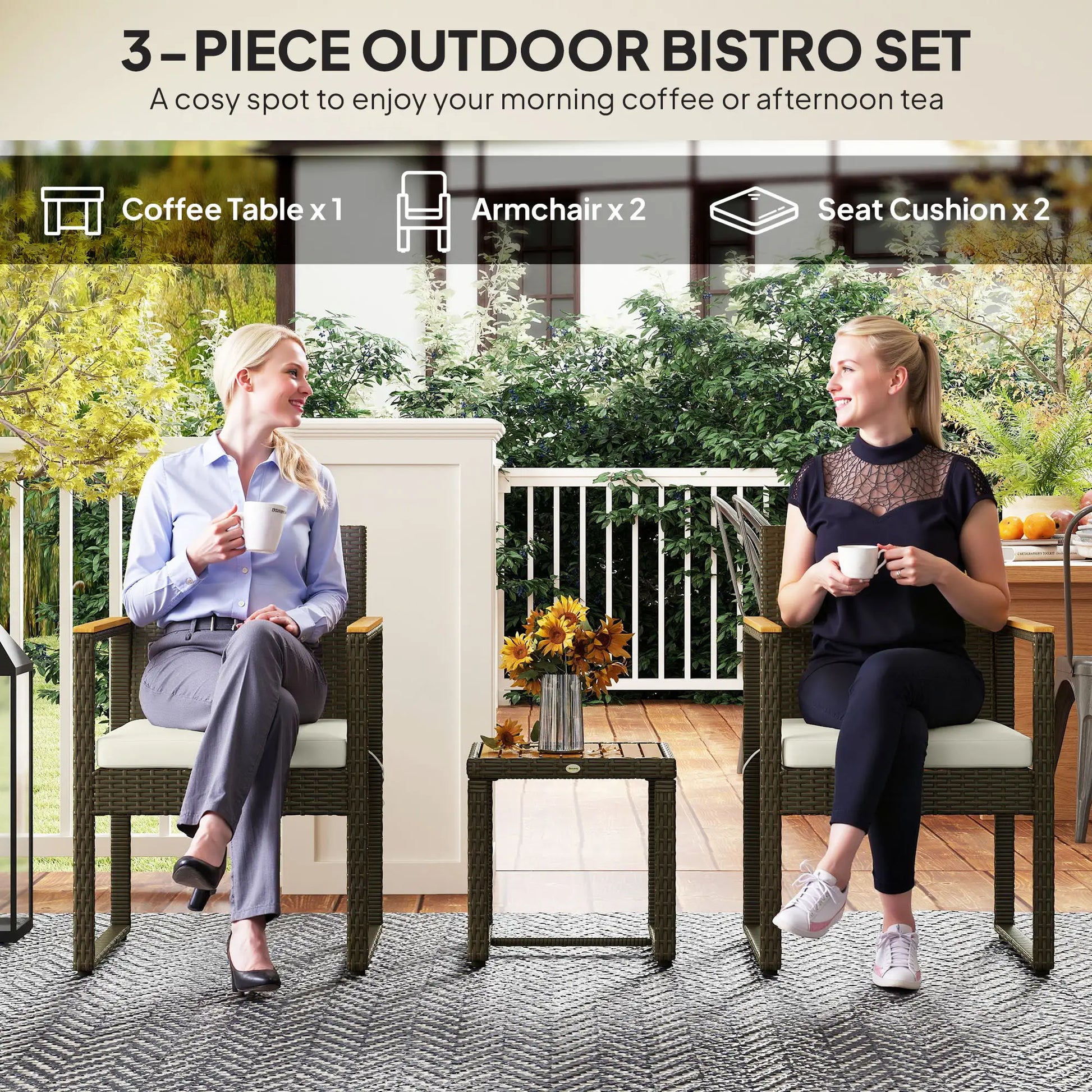 3 Pc Wicker Patio Set, Rattan Bistro w/ Acacia Table, White Bistro Sets at Gallery Canada