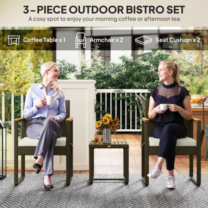 3 Pc Wicker Patio Set, Rattan Bistro w/ Acacia Table, White Bistro Sets at Gallery Canada