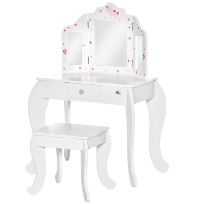 Kids Vanity Table and Stool, Makeup Set with Tri-Folding Mirrors, White Kids Bedroom Furniture at Gallery Canada