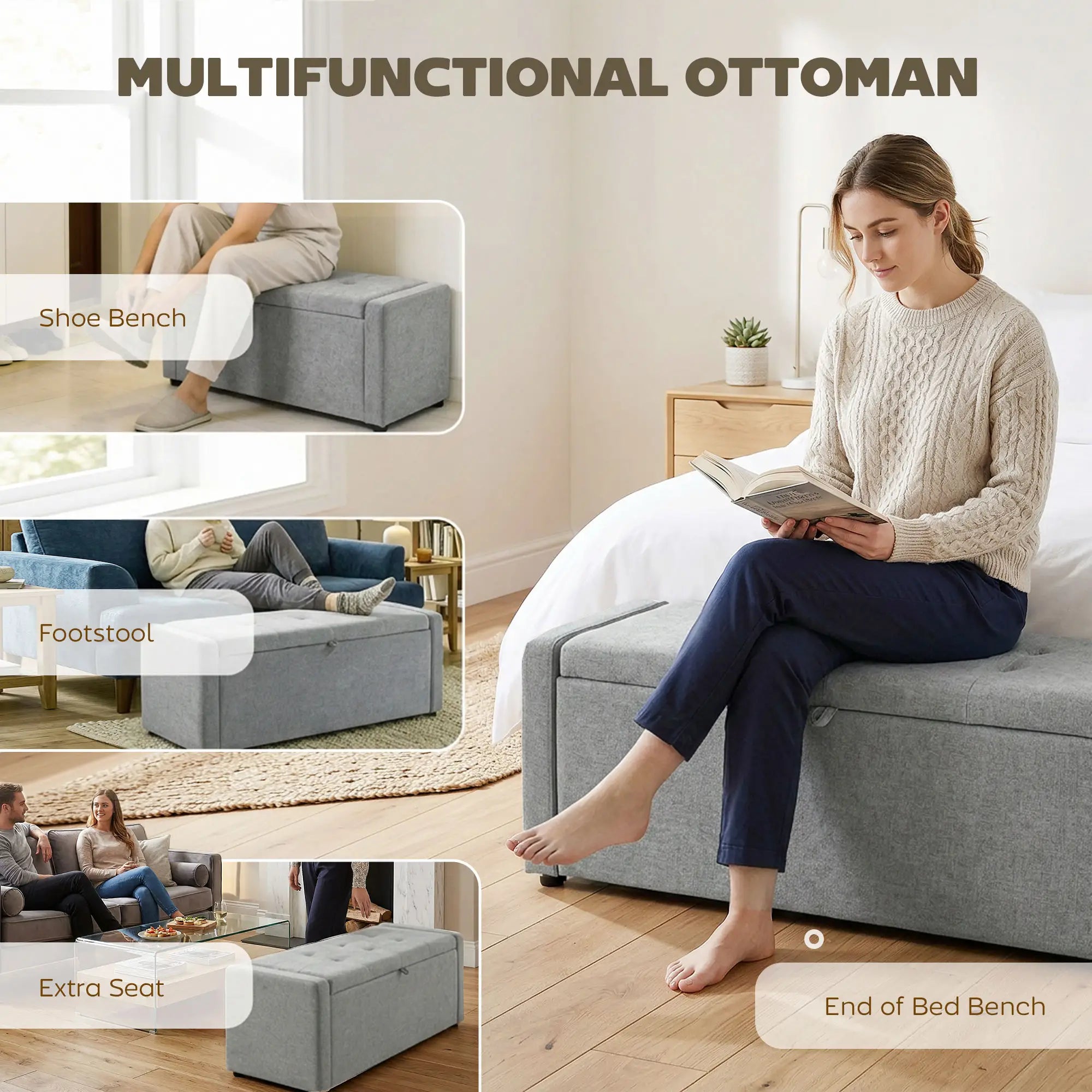 Storage Ottoman Bench, Linen Fabric, Light Grey Storage Ottomans & Benches at Gallery Canada