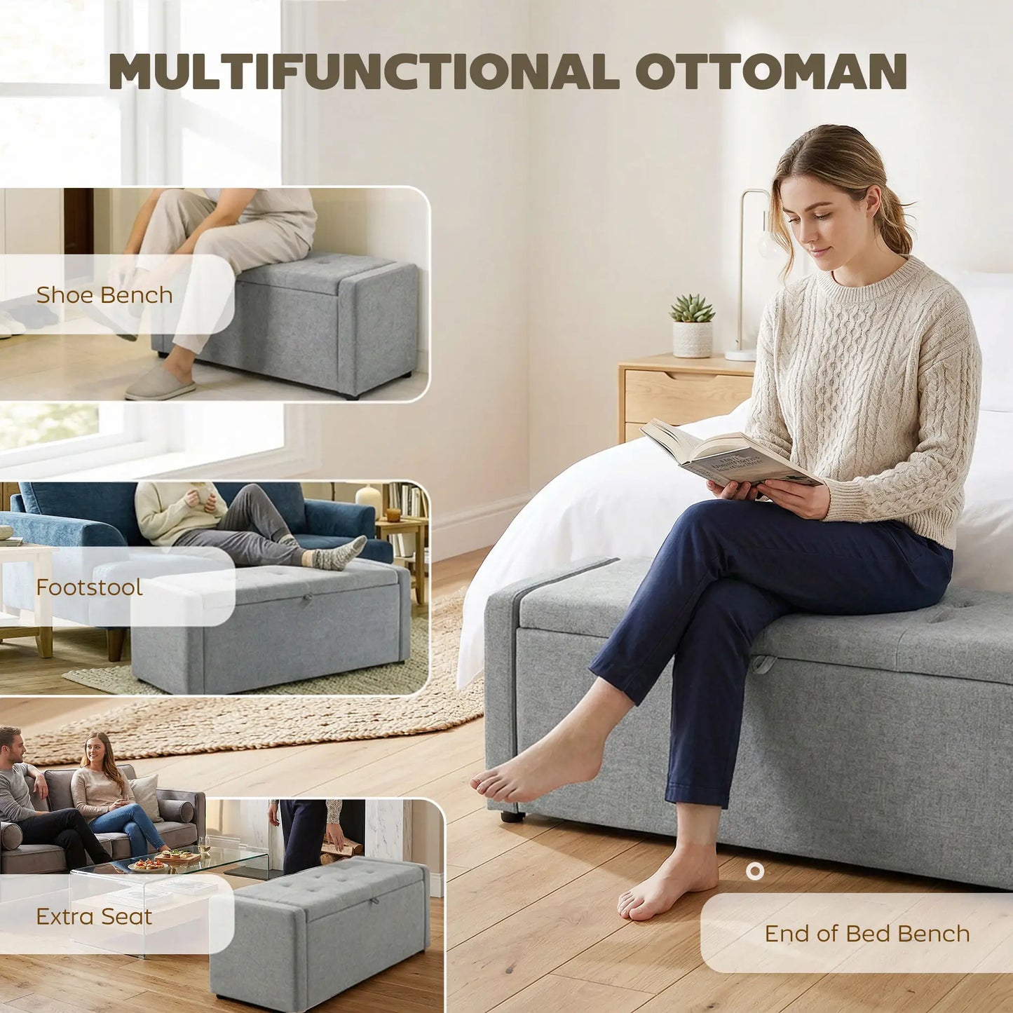 Storage Ottoman Bench, Linen Fabric, Light Grey Storage Ottomans & Benches at Gallery Canada