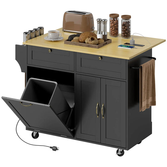 Kitchen Island Cart with Charging Station, Drop Leaf, Black Kitchen Islands & Kitchen Carts Black, Natural at Gallery Canada