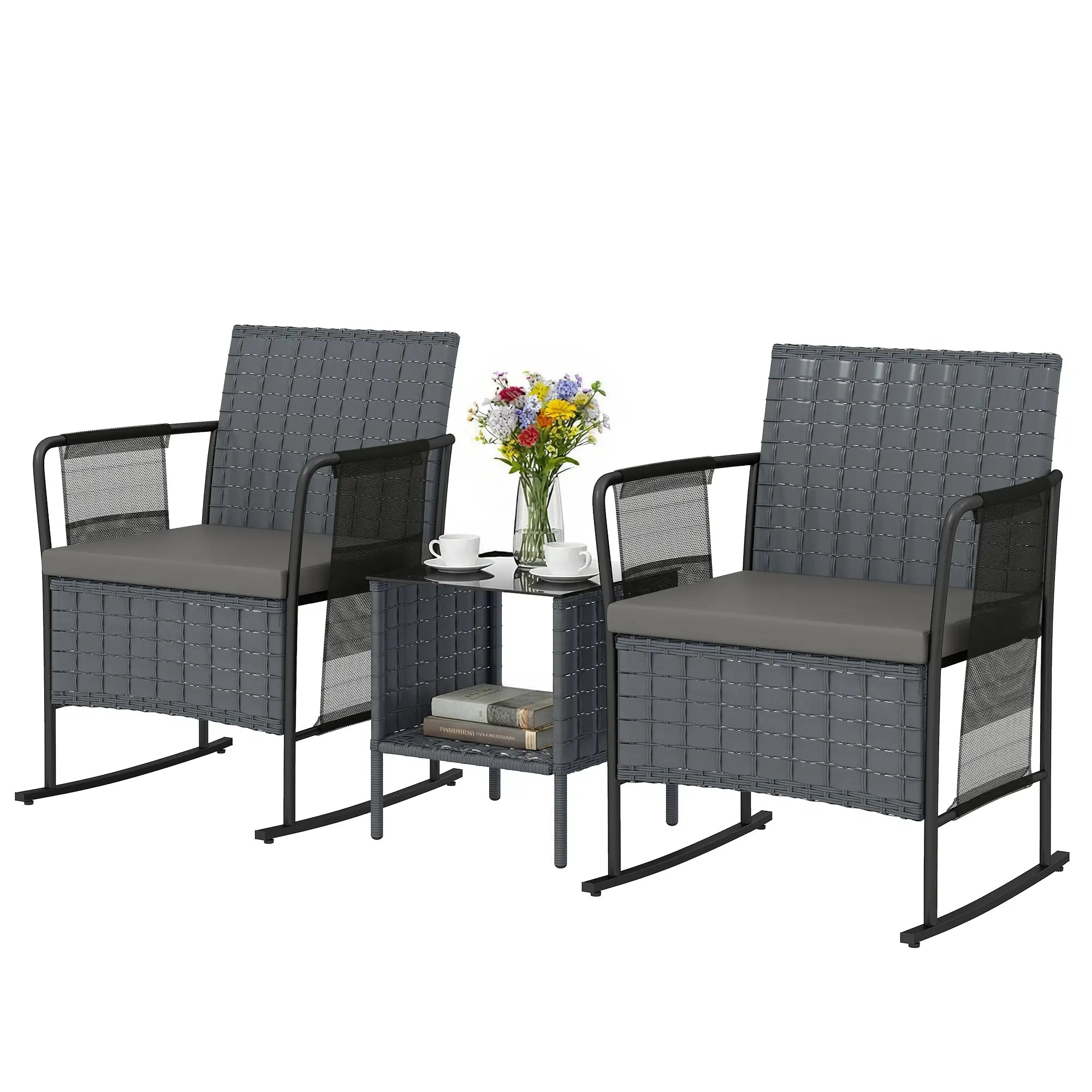 3-Piece Rocking Bistro Set, Mesh Seat, Cushions, 2-Tier Table, Grey Bistro Sets Grey, Black at Gallery Canada