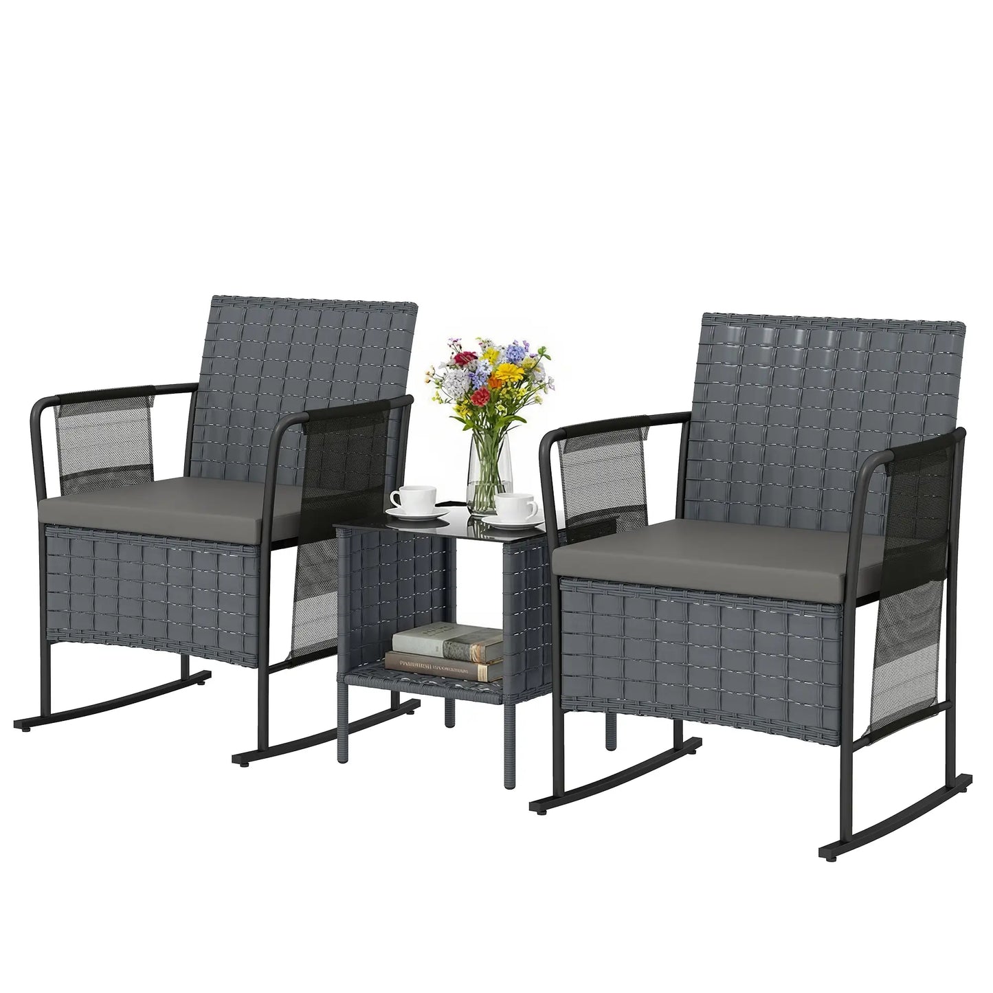 3-Piece Rocking Bistro Set, Mesh Seat, Cushions, 2-Tier Table, Grey Bistro Sets Grey, Black at Gallery Canada