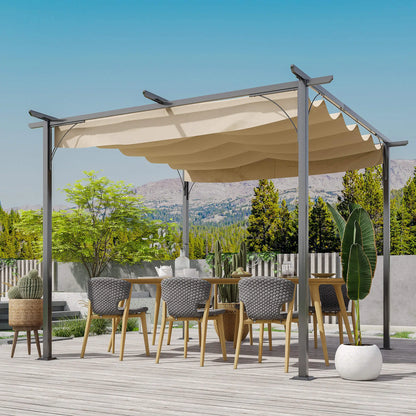 10' Outdoor Pergola Gazebo, Retractable Sun Shade, Beige Pergolas at Gallery Canada