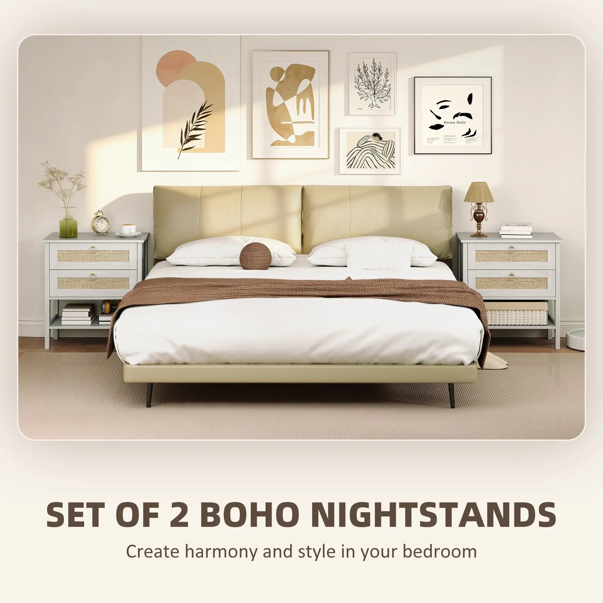 Set Of 2 Rattan Nightstands, 2 Drawers, Storage Shelf, White Oak Bedside Tables at Gallery Canada