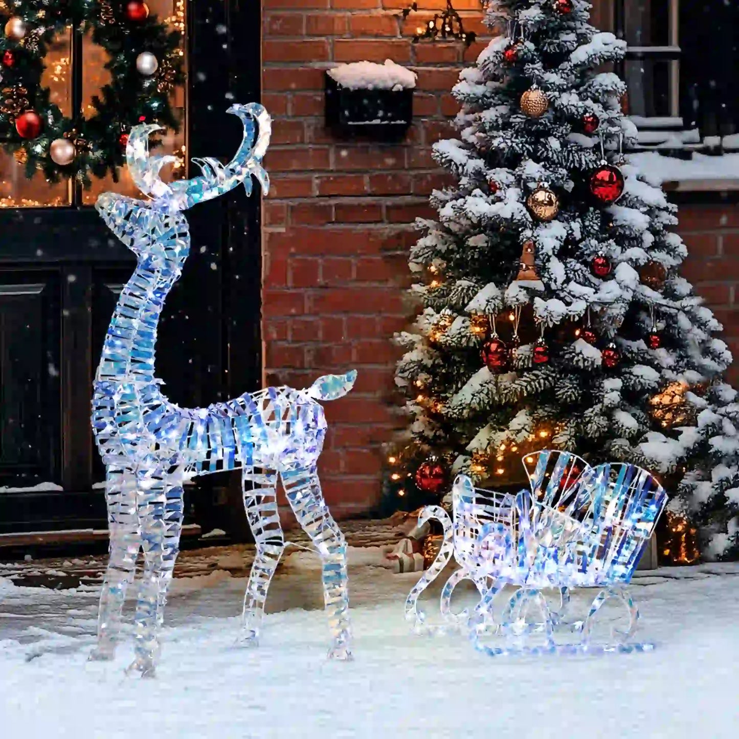 Lighted Christmas Reindeer with Sleigh, 170 LED Lights, Silver Christmas Deer Lights at Gallery Canada