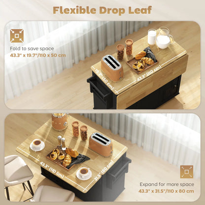 Kitchen Island Cart, Portable Table with Charging Station, Rubber Wood Drop Leaf, Trash Storage, Black Kitchen Islands & Kitchen Carts at Gallery Canada