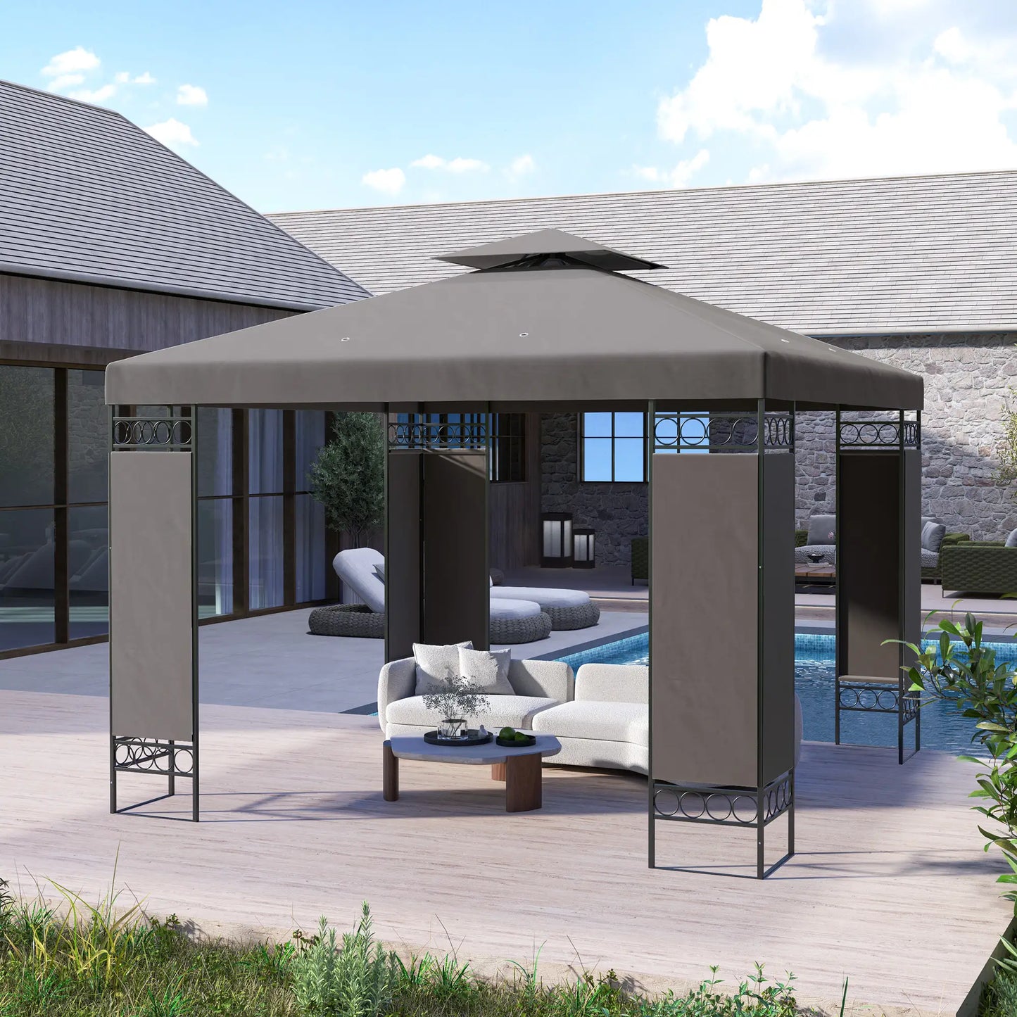 10 x 10 FT Canopy Gazebo, Double Roof, Screen Panels, Metal Frame, Khaki Gazebos at Gallery Canada