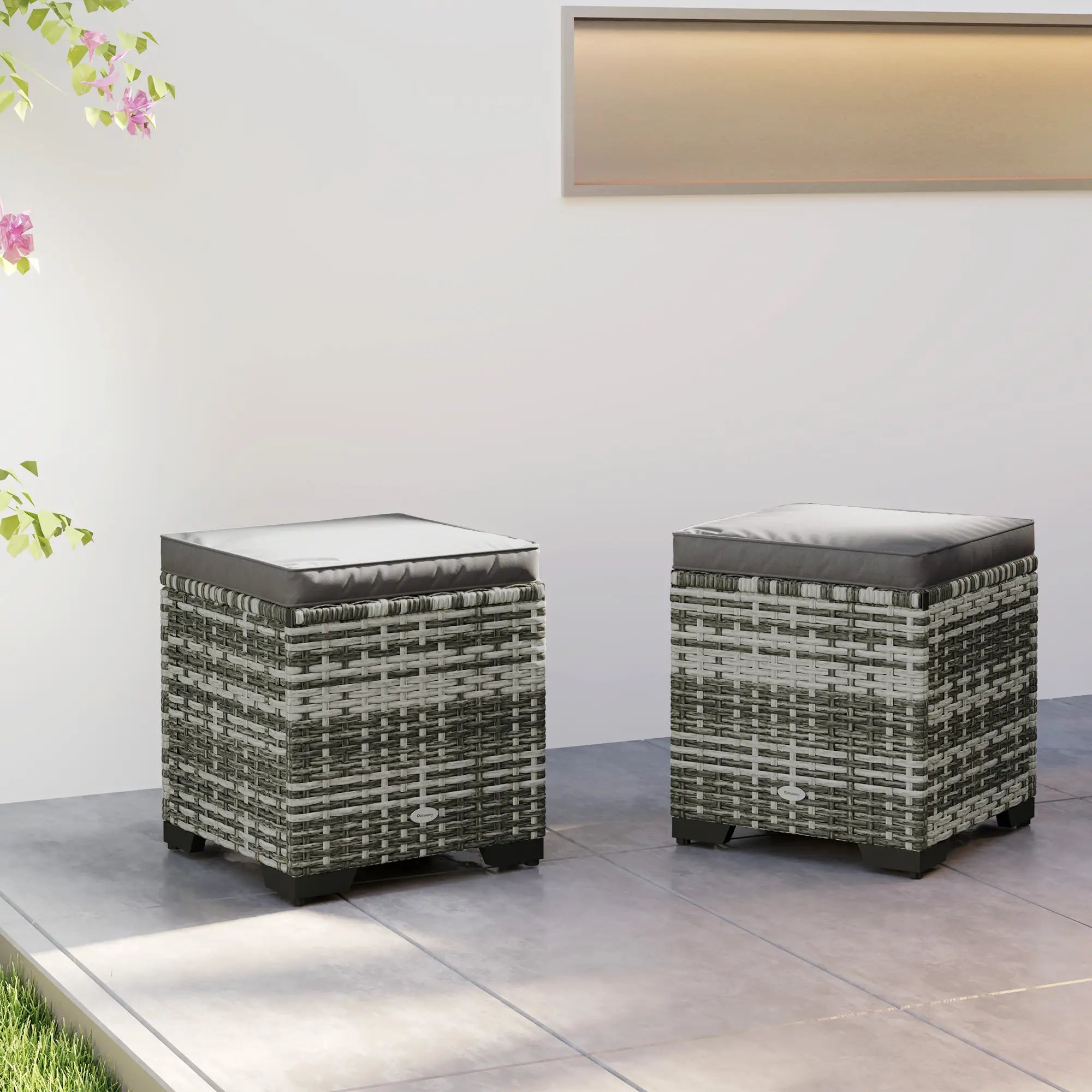 Set of 2 Wicker Ottoman, Outdoor Footstool with Storage &; Removable Cushions for Poolside, Patio, Deck, Grey Patio Furniture Sets at Gallery Canada