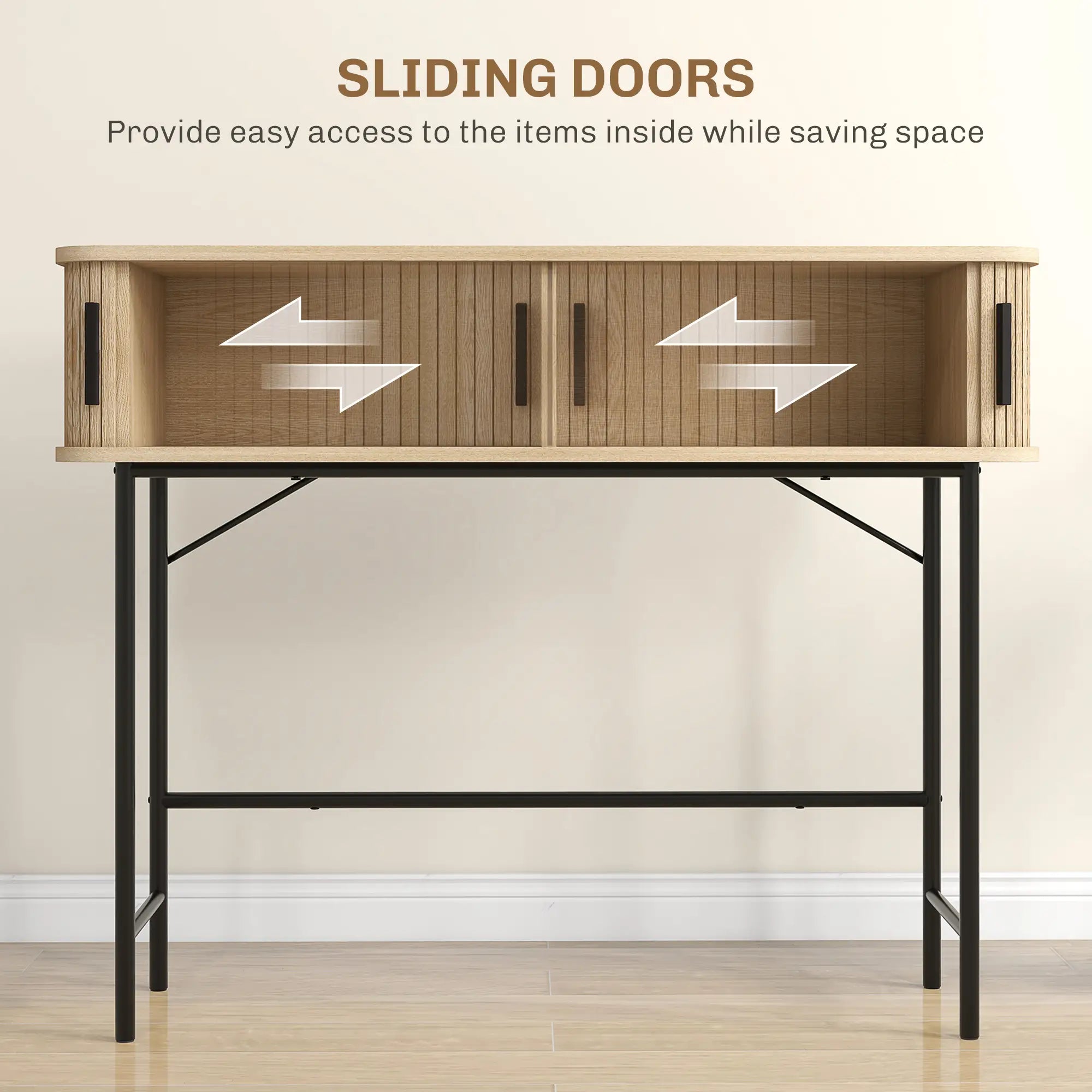 Mid-Century Narrow Console Table, Slatted Tambour Doors, Steel Legs, Oak, Black Console Tables at Gallery Canada