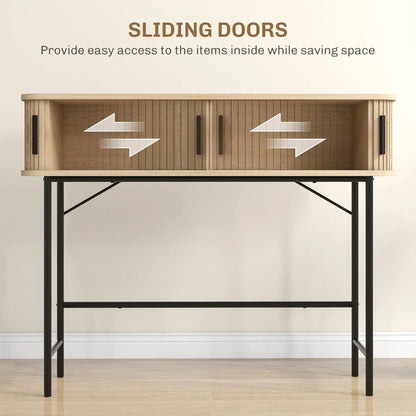Mid-Century Narrow Console Table, Slatted Tambour Doors, Steel Legs, Oak, Black Console Tables at Gallery Canada