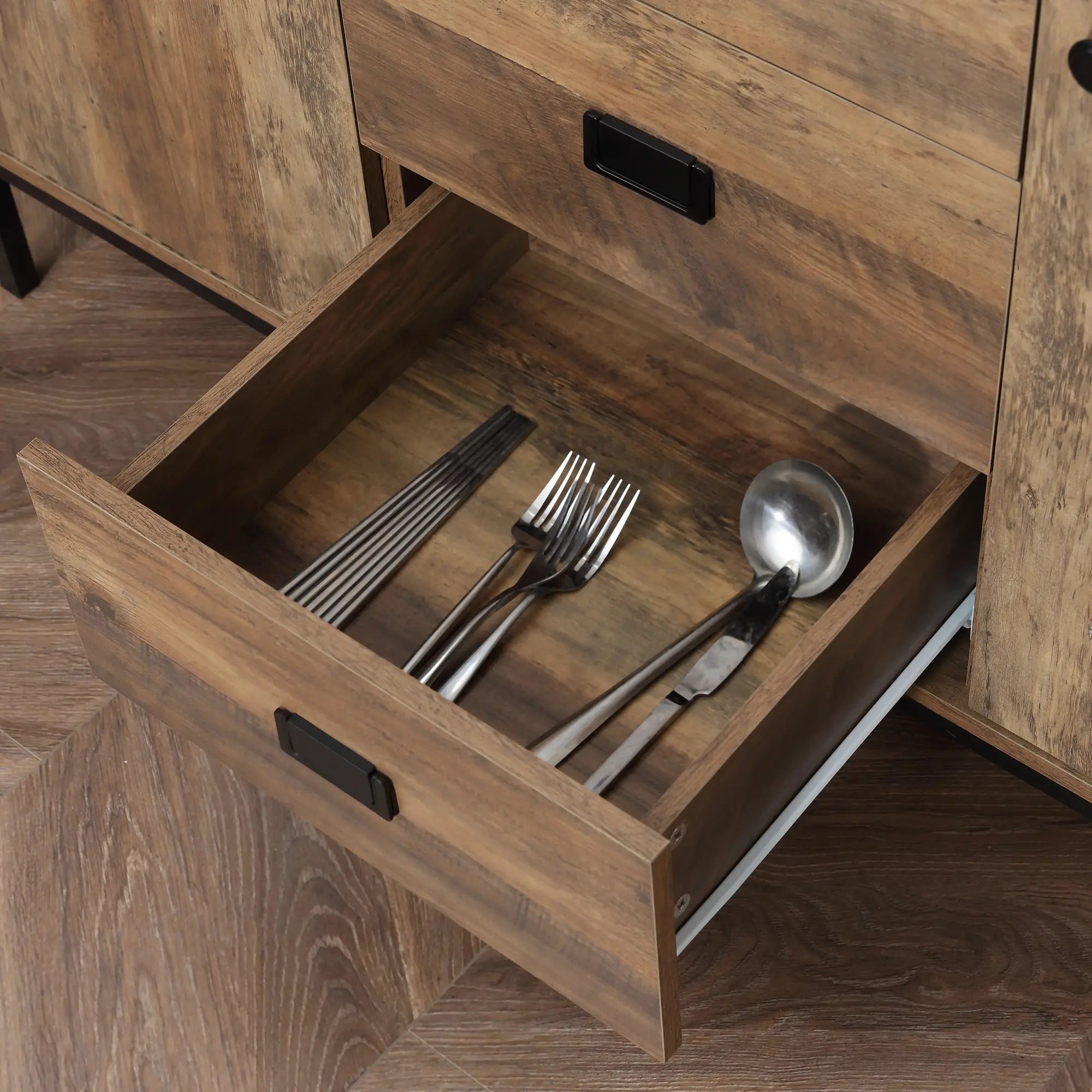 Industrial Sideboard Cabinet, 2 Doors, 3 Drawers, Shelves, Brown Bar Cabinets at Gallery Canada