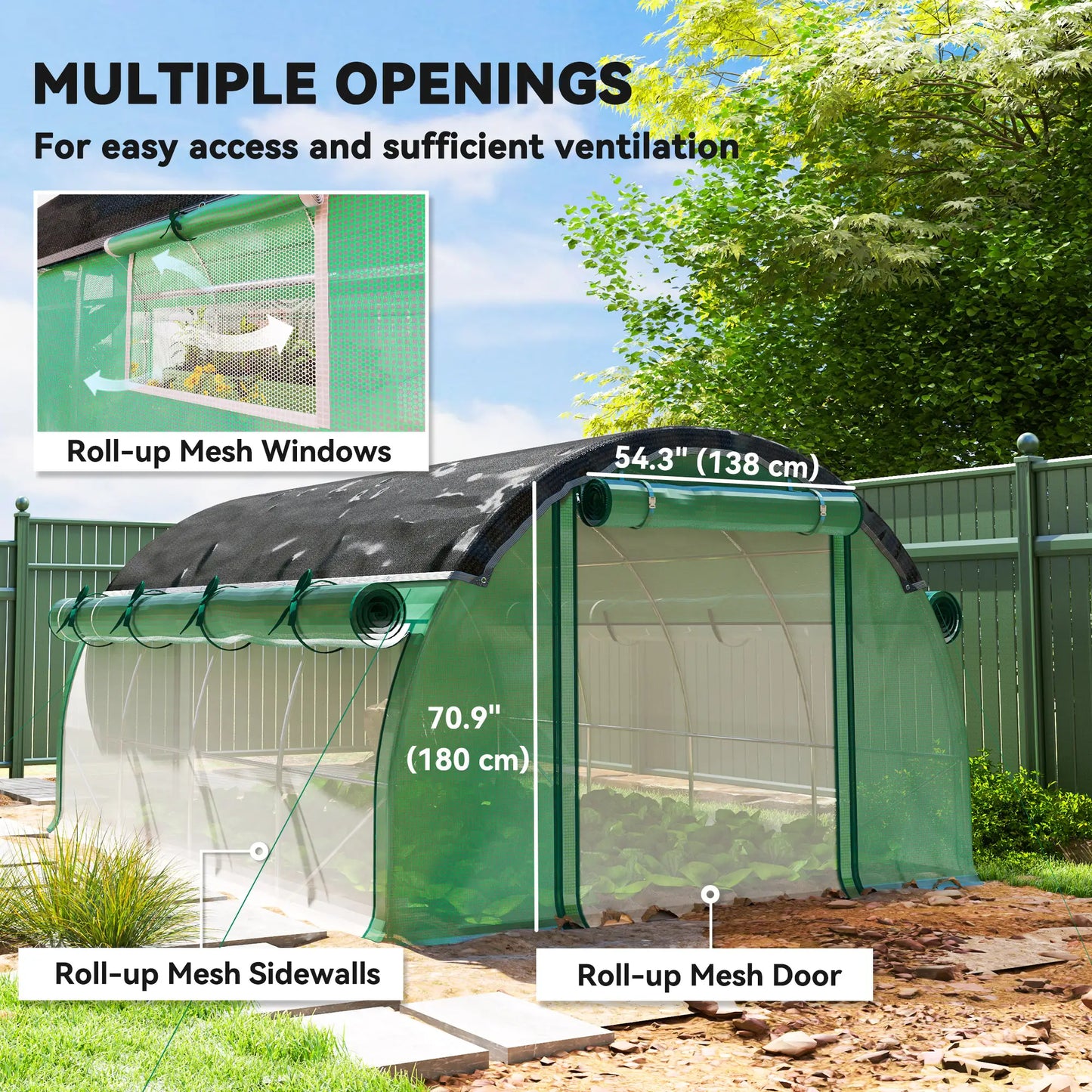 Walk-in Tunnel Greenhouse, 10' x 13' x 6.5', Mesh Sidewalls, 2 Doors, Green