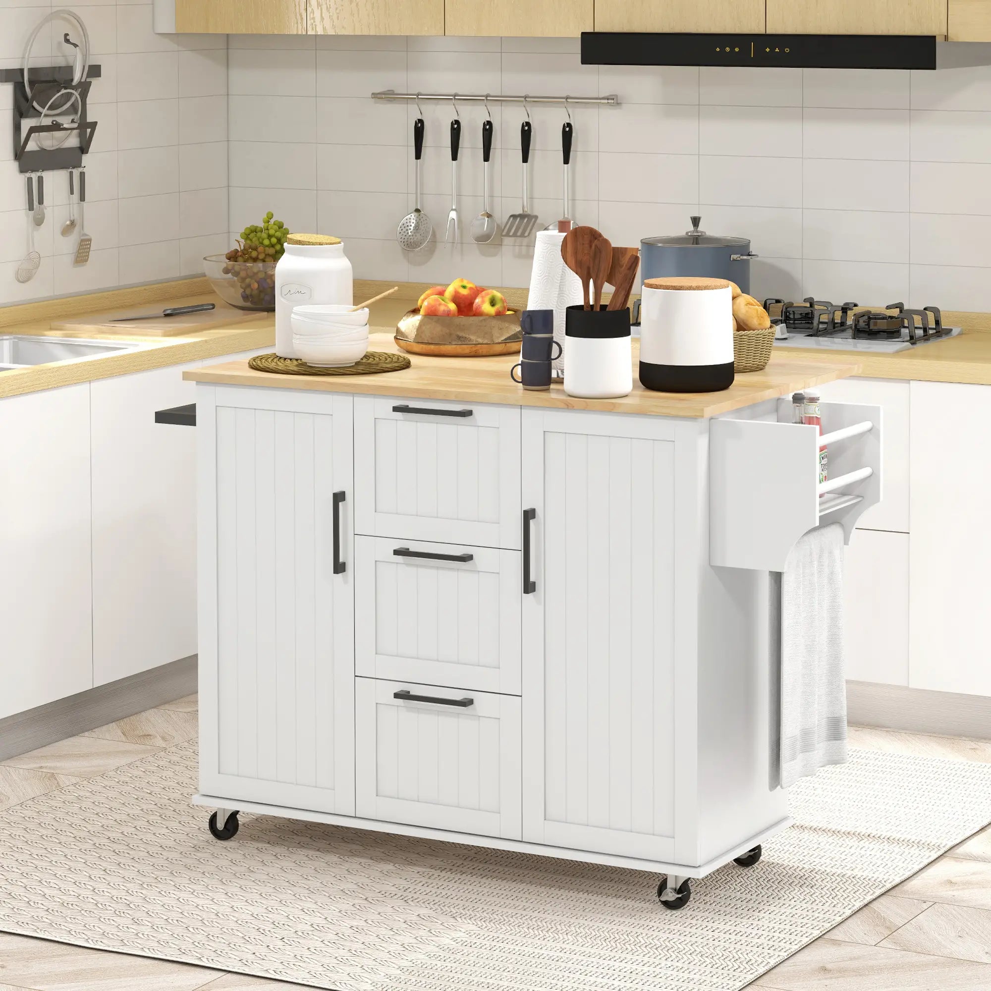 Rolling Kitchen Cart, Drop Leaf, 3 Drawers, Solid Wood Top, Towel Rack, White Kitchen Islands & Kitchen Carts at Gallery Canada