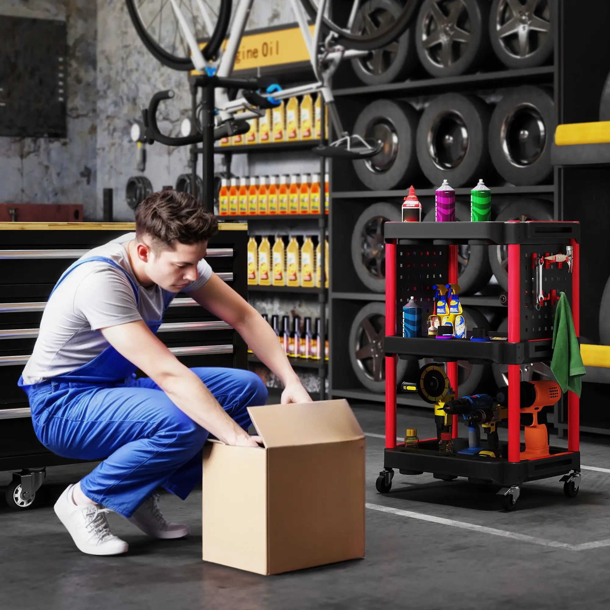 3-Tier Rolling Tool Cart, 200 LBS Capacity, Black & Red Tool Organizers at Gallery Canada