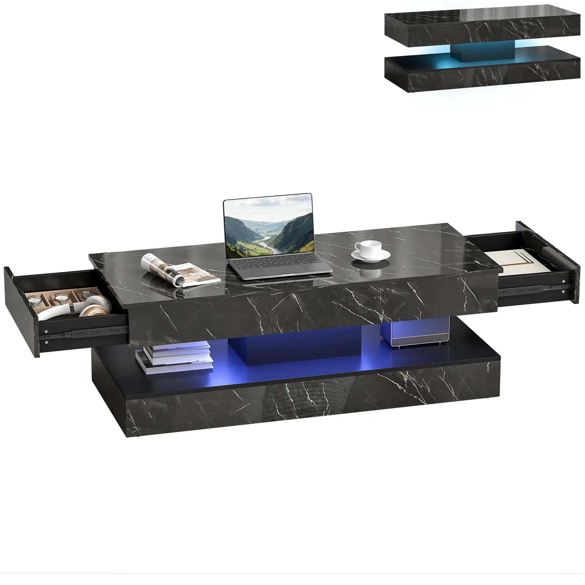 Adjustable LED Coffee Table, 2 Drawers, Open Shelf, Remote, High Gloss Black Coffee Tables at Gallery Canada