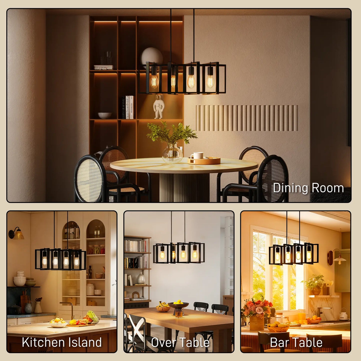 Farmhouse Kitchen Island Linear Pendant Light, 4 Rotatable Frames, Black Floor Lamps & Ceiling Fan Lights at Gallery Canada