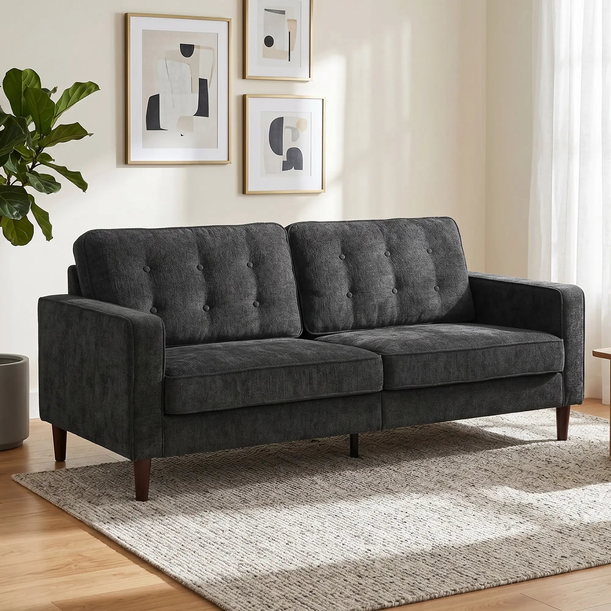 3 Seater Sofa Upholstered with Padded Cushion Modern Button Tufted Couch with Wood Legs, Dark Grey 3-Seater Sofas at Gallery Canada