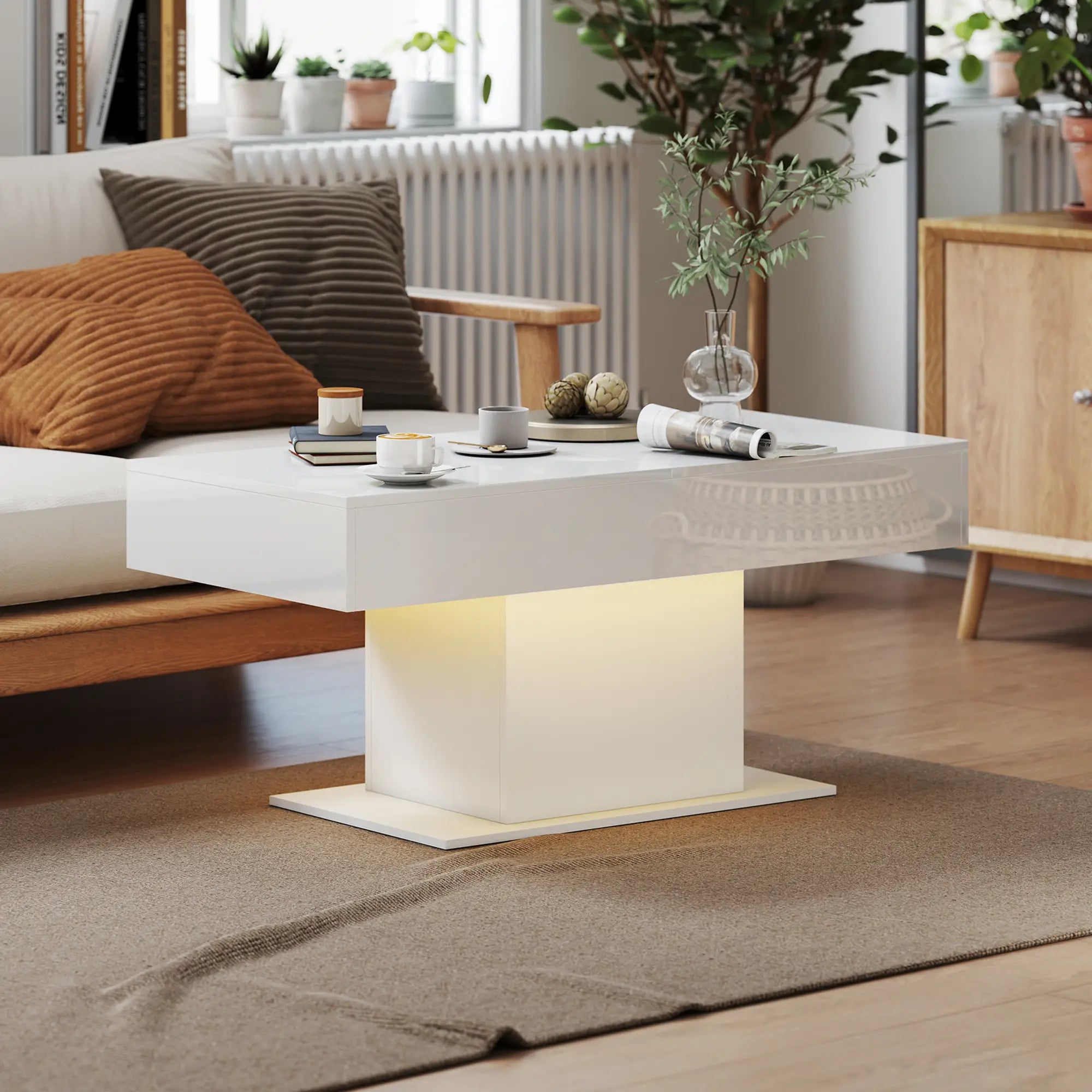 Extendable Coffee Table with LED Lights, Modern High Gloss Center Table with Hidden Storage, White Coffee Tables at Gallery Canada