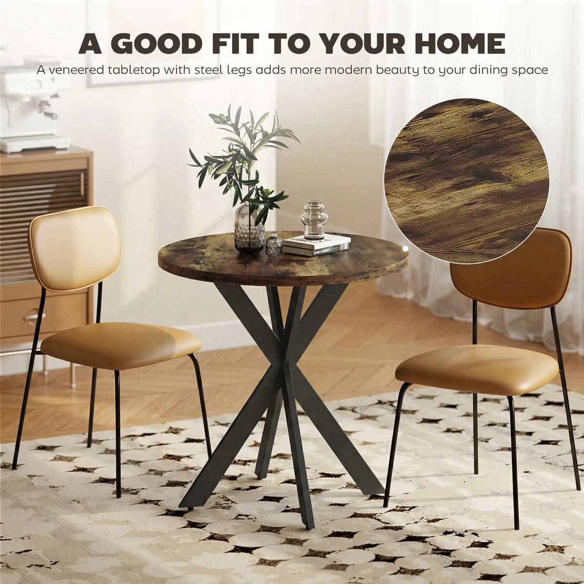 29" Round Dining Table, Steel Legs, Rustic Brown Dining Tables at Gallery Canada