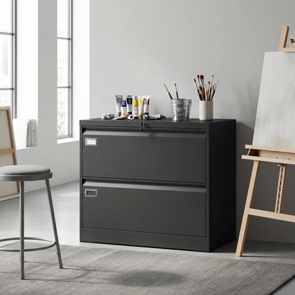 2 Drawer Lateral Filing Cabinet, Lockable Steel, A4 Letter Legal Size, Black Office Cabinets & Cupboards at Gallery Canada