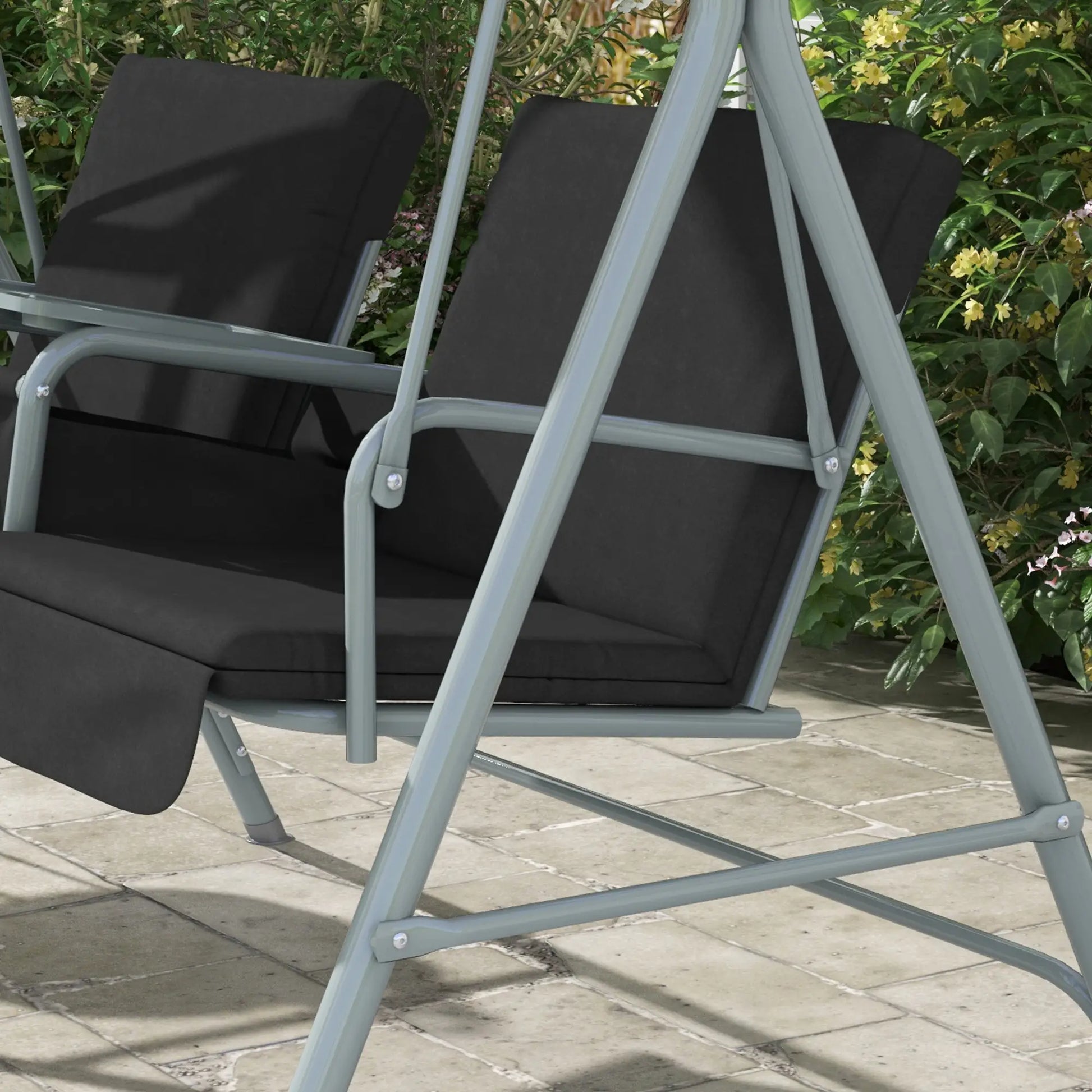 2-Seater Outdoor Porch Swing, Adjustable Canopy, Table, Black Patio Swings with Stand at Gallery Canada