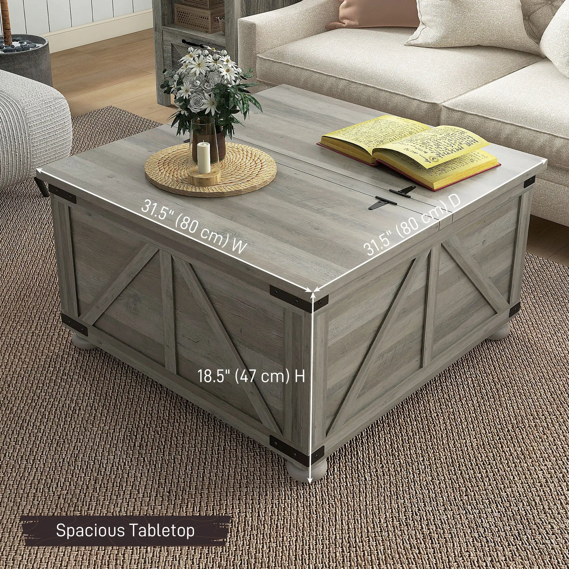 Farmhouse Coffee Table, Square Flip-Top Lid, Hidden Storage, Distressed, Grey Coffee Tables at Gallery Canada