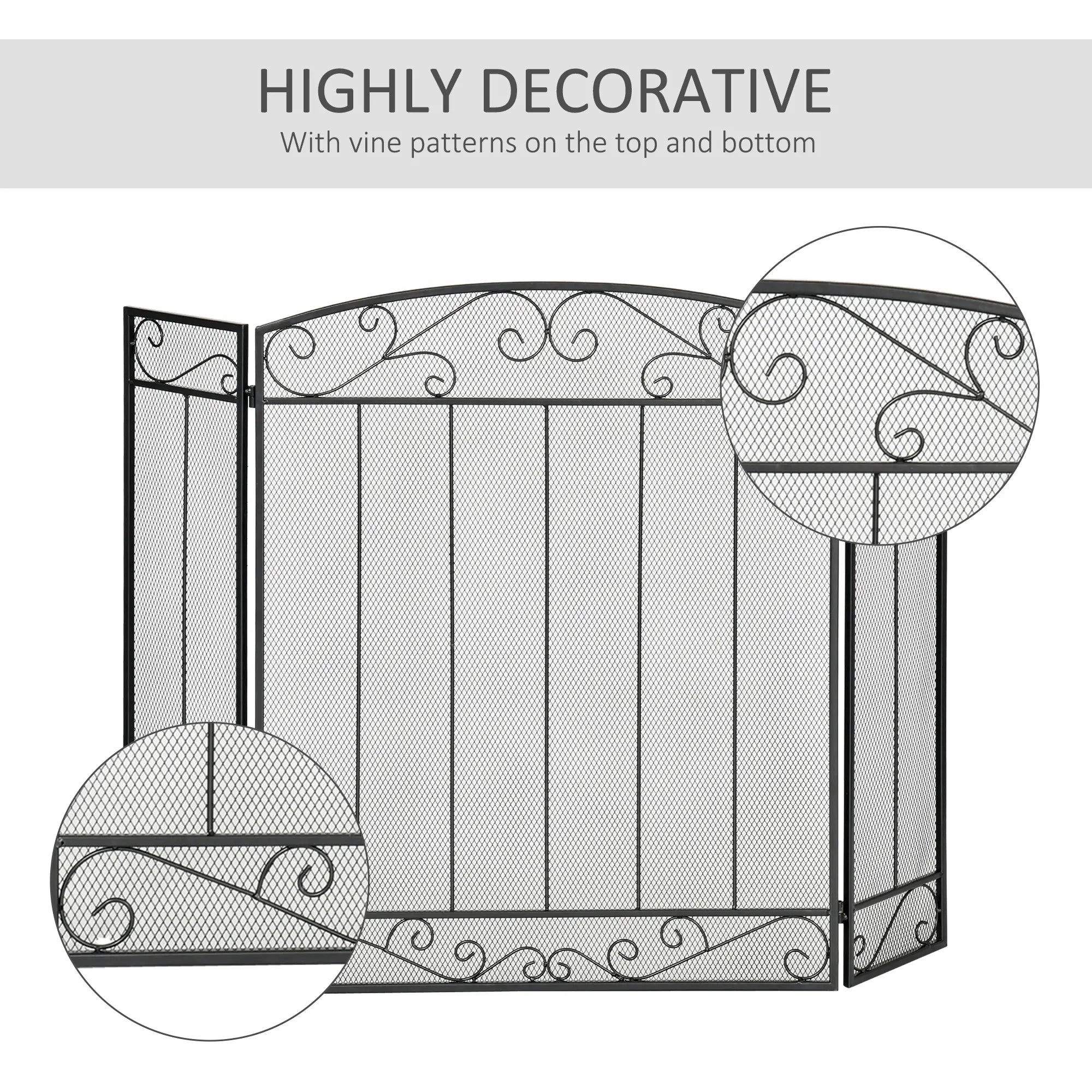 3-Panel Folding Fireplace Screen, Steel Mesh, Decorative Vine Pattern, 41.25