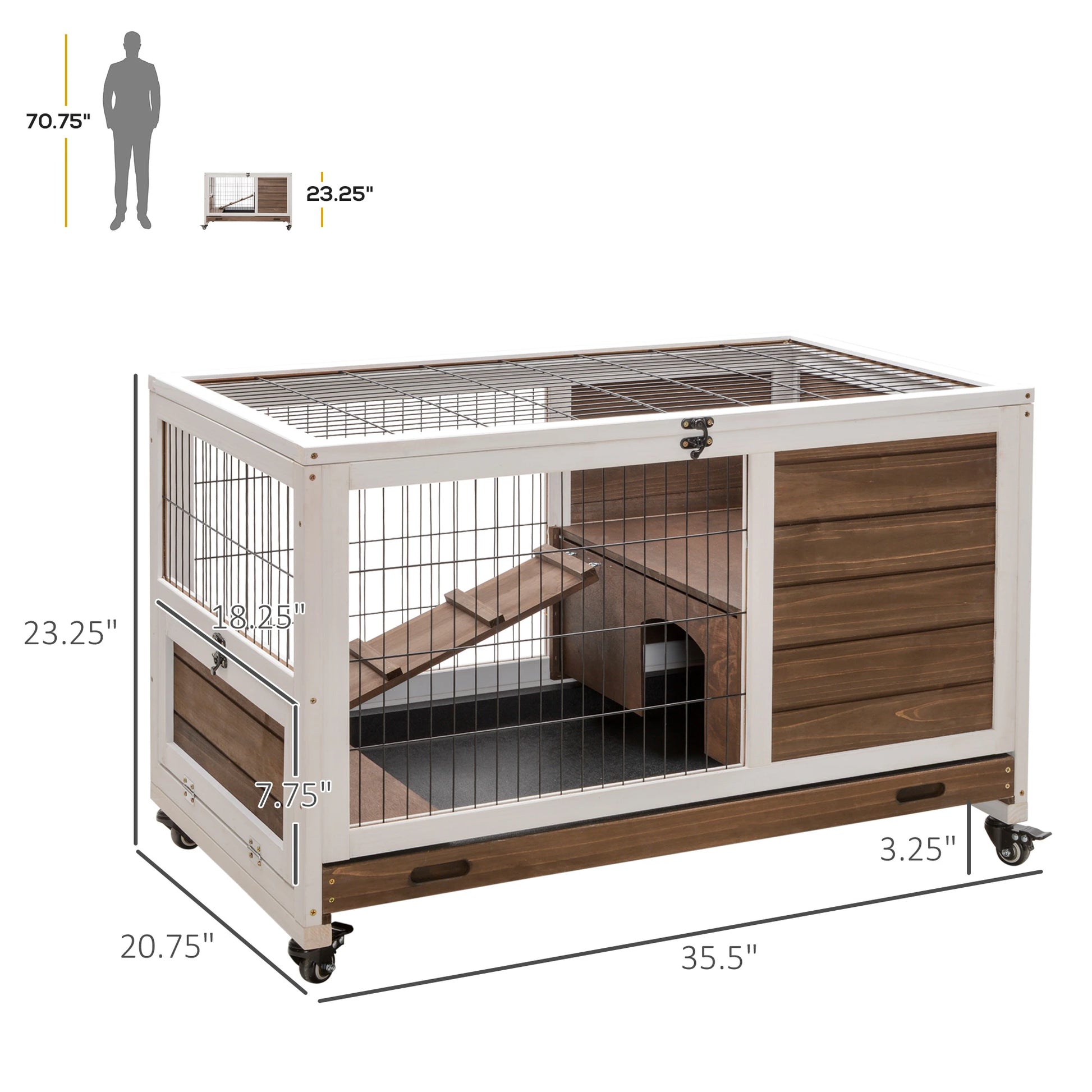 Wooden Indoor Rabbit Hutch, Elevated Bunny Cage with Wheels, Brown Rabbit Hutch at Gallery Canada