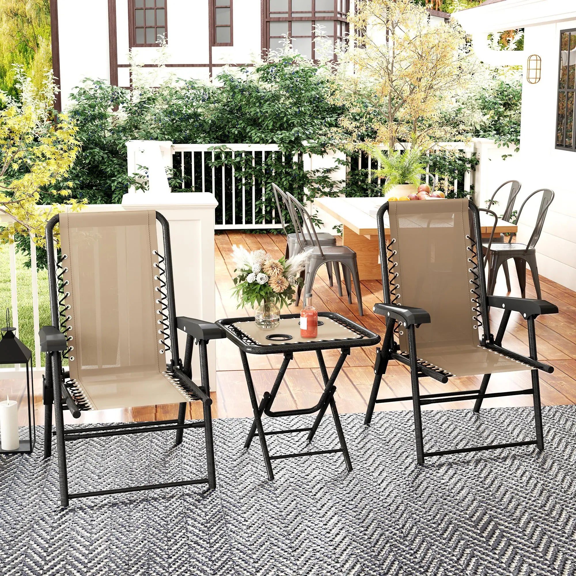 3 Piece Patio Bistro Set, Metal Outdoor Folding Table And Chairs, Khaki Bistro Sets at Gallery Canada