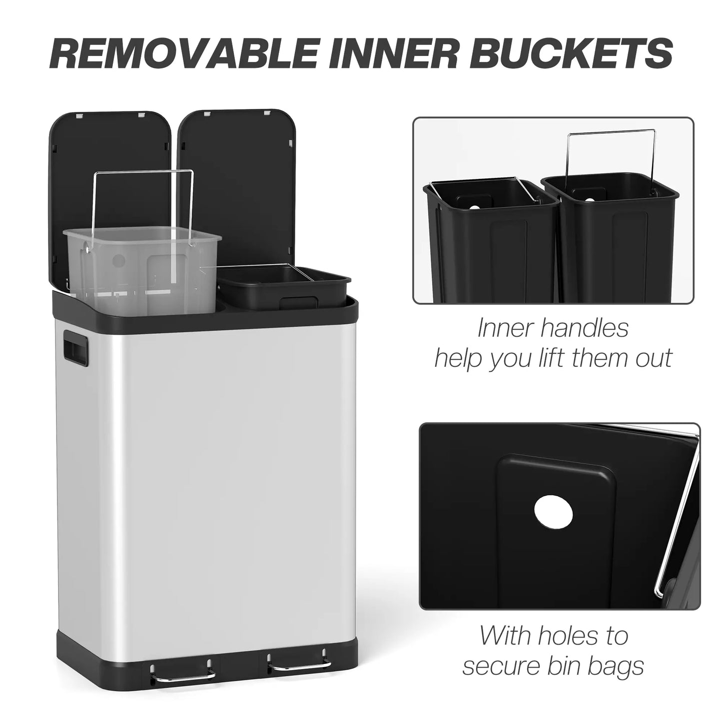 Kitchen Garbage Bin, 2 x 7.9 Gal, Soft-Close With Removable Buckets, Silver Small Kitchen Appliances at Gallery Canada