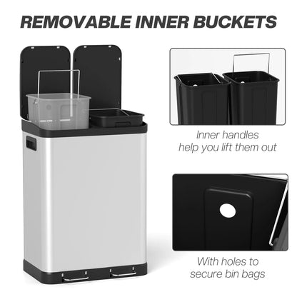Kitchen Garbage Bin, 2 x 7.9 Gal, Soft-Close With Removable Buckets, Silver Small Kitchen Appliances at Gallery Canada