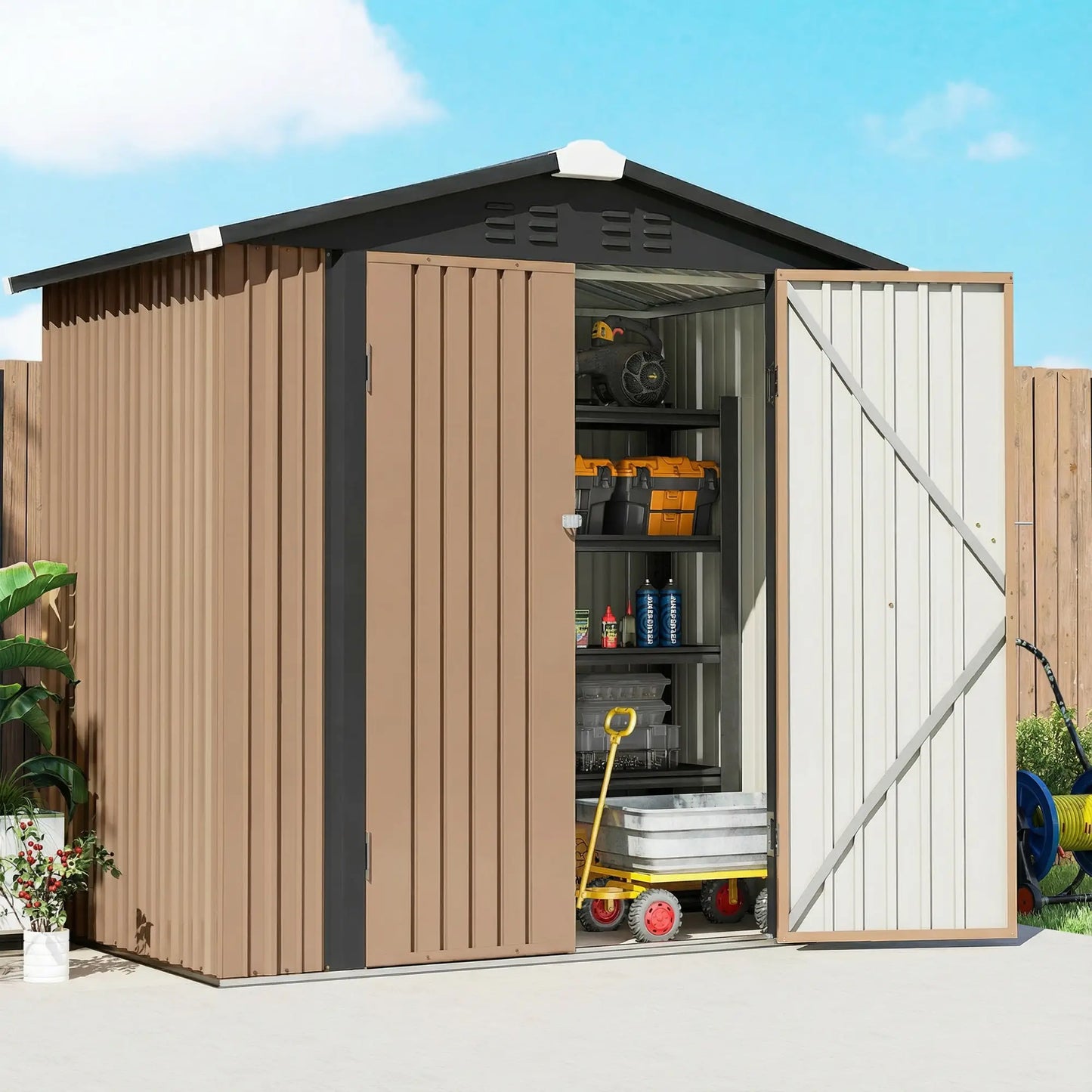6.5' x 4' Metal Outdoor Storage Shed, Lockable Double Doors, 4 Vents, Brown Sheds at Gallery Canada