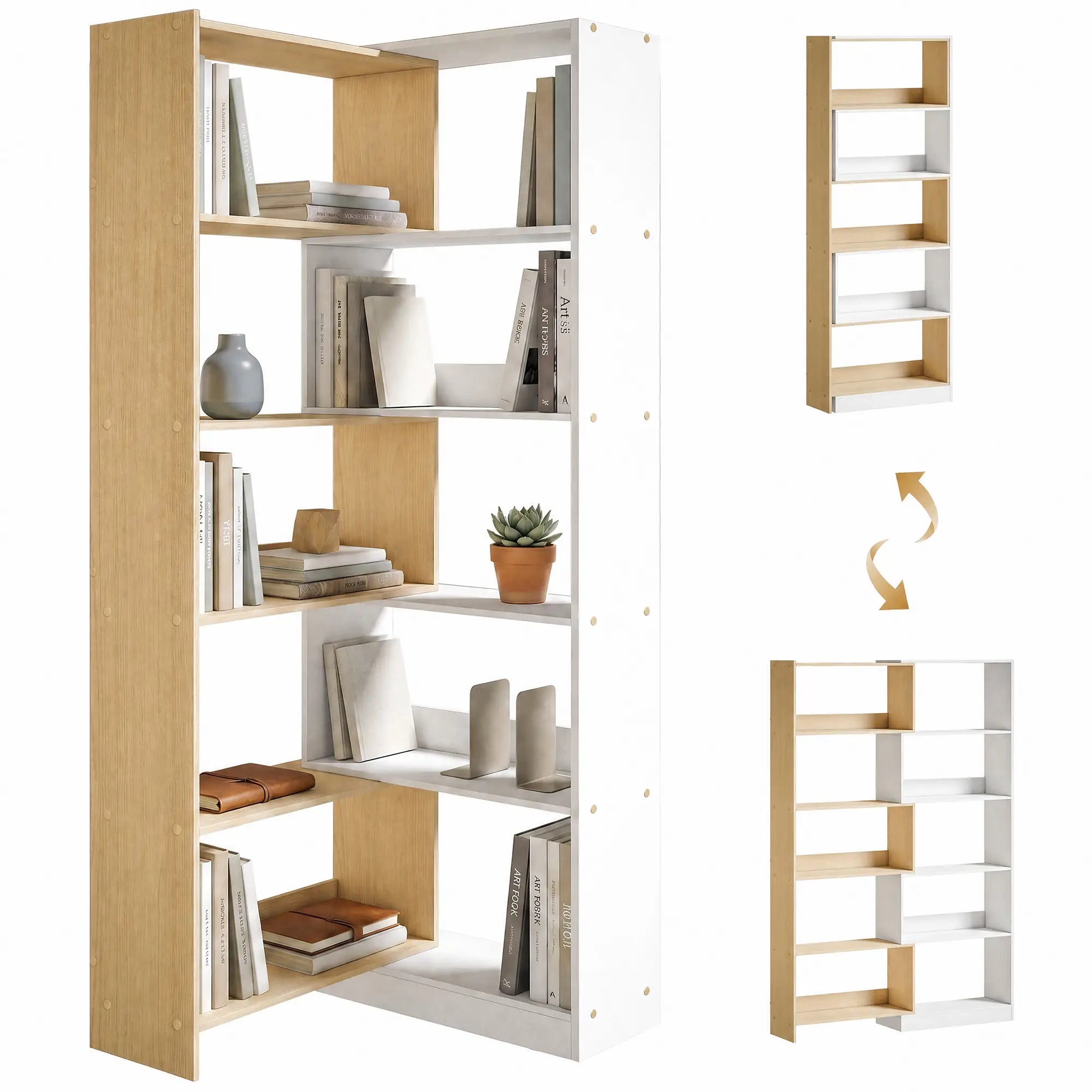Corner Bookshelf, 5-Tier L-Shaped Bookcase with 350° Rotating Design, Two-Tone Design, Fruitwood/White Display Bookshelves at Gallery Canada