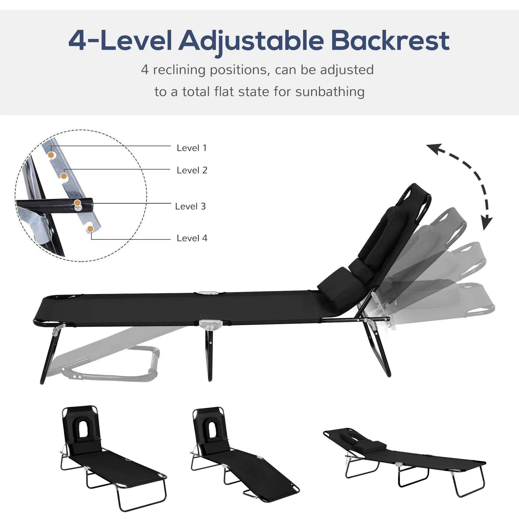 Folding Outdoor Lounge Chair, Reclining Beach Lounger, 4-Position Adjustable, Black Lounger Chairs at Gallery Canada