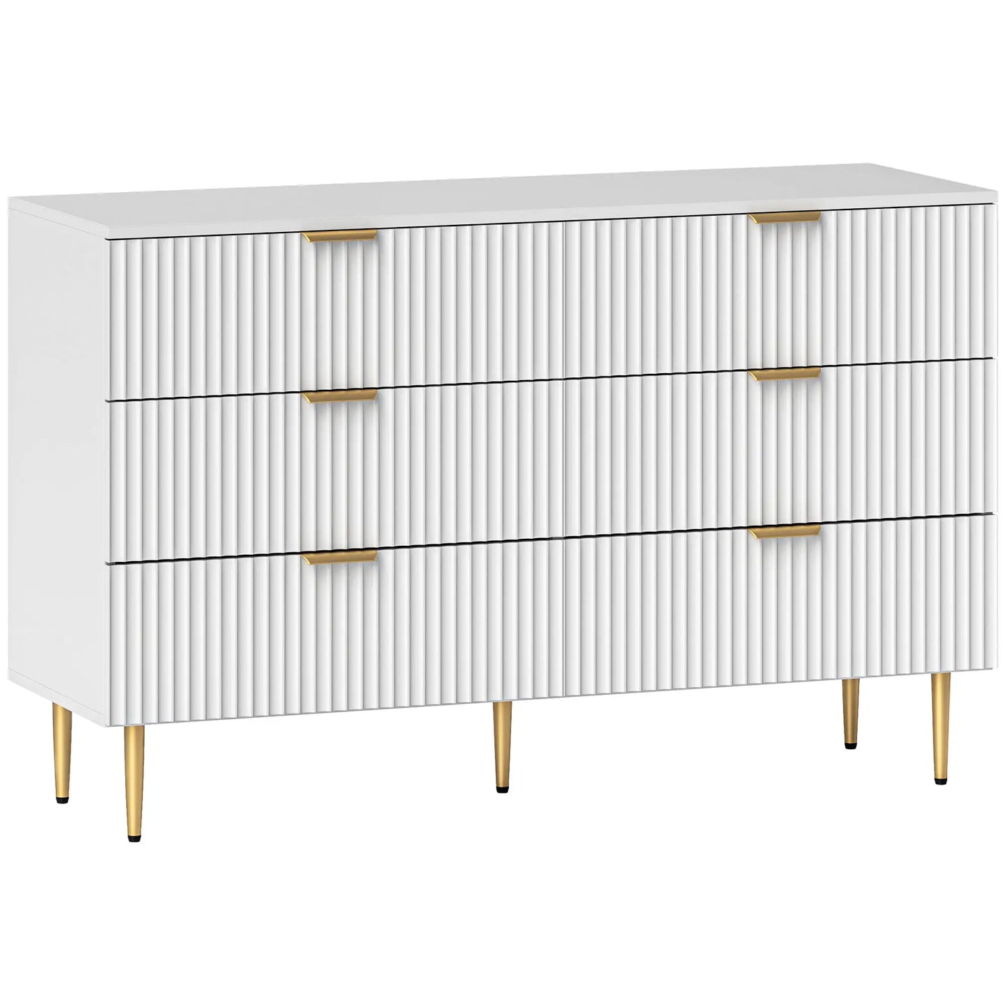 Modern 6 Drawer Dresser, Gold Legs and Handles, White Storage Cabinets at Gallery Canada