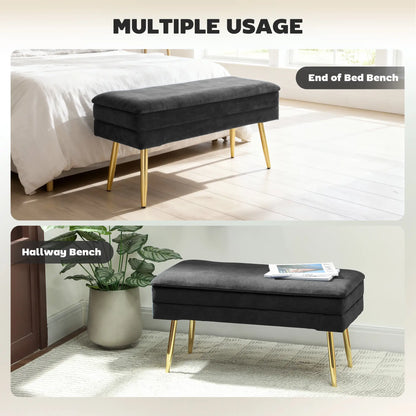 31" Storage Ottoman, Velvet Bench With Steel Legs, Black Storage Ottomans & Benches at Gallery Canada
